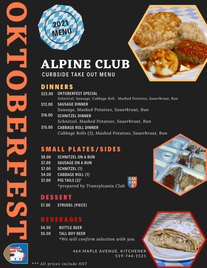 Alpine Club Oktoberfest 2021 Curbside Pickup Menu